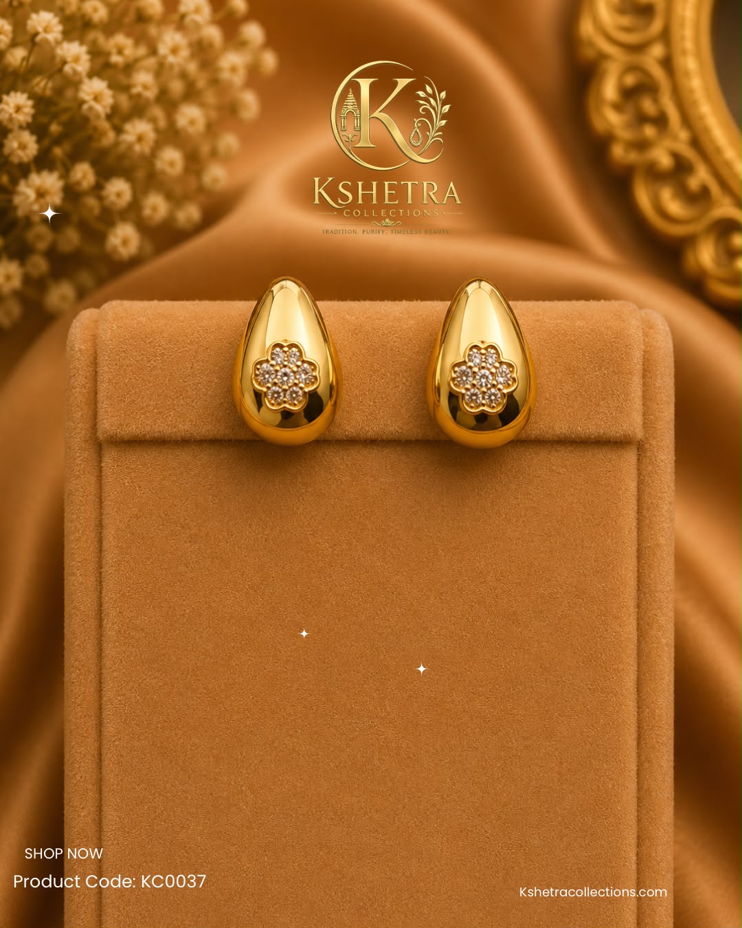 Elegant Gold Teardrop Floral Earrings/ KC0037