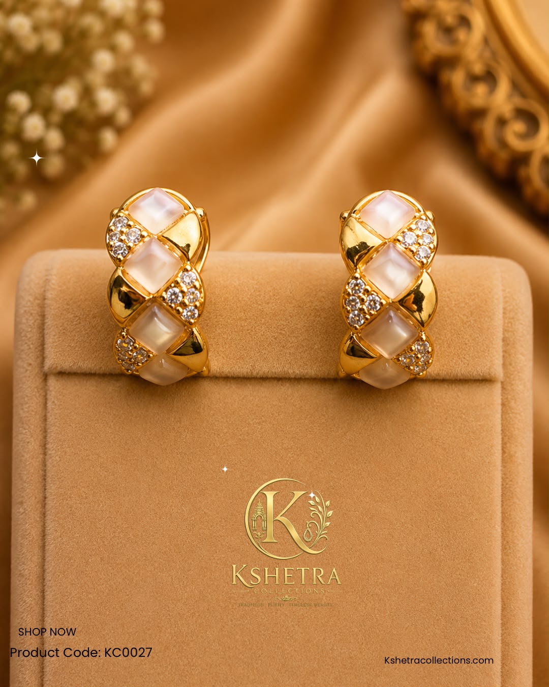 Elegant Pearl & Crystal Gold Earrings/ KC0027