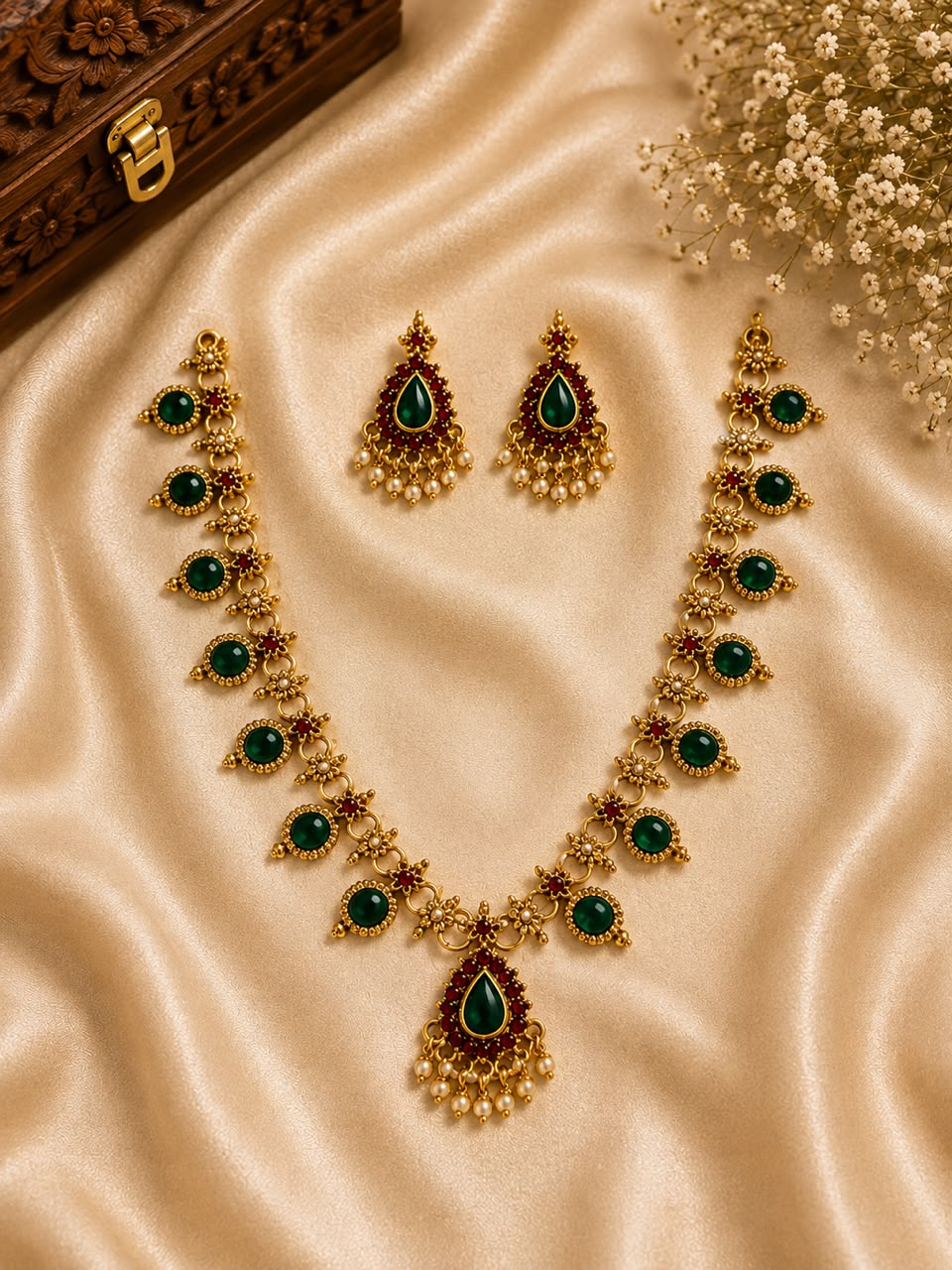 Emerald Ruby Pearl Temple Necklace Set/ KC