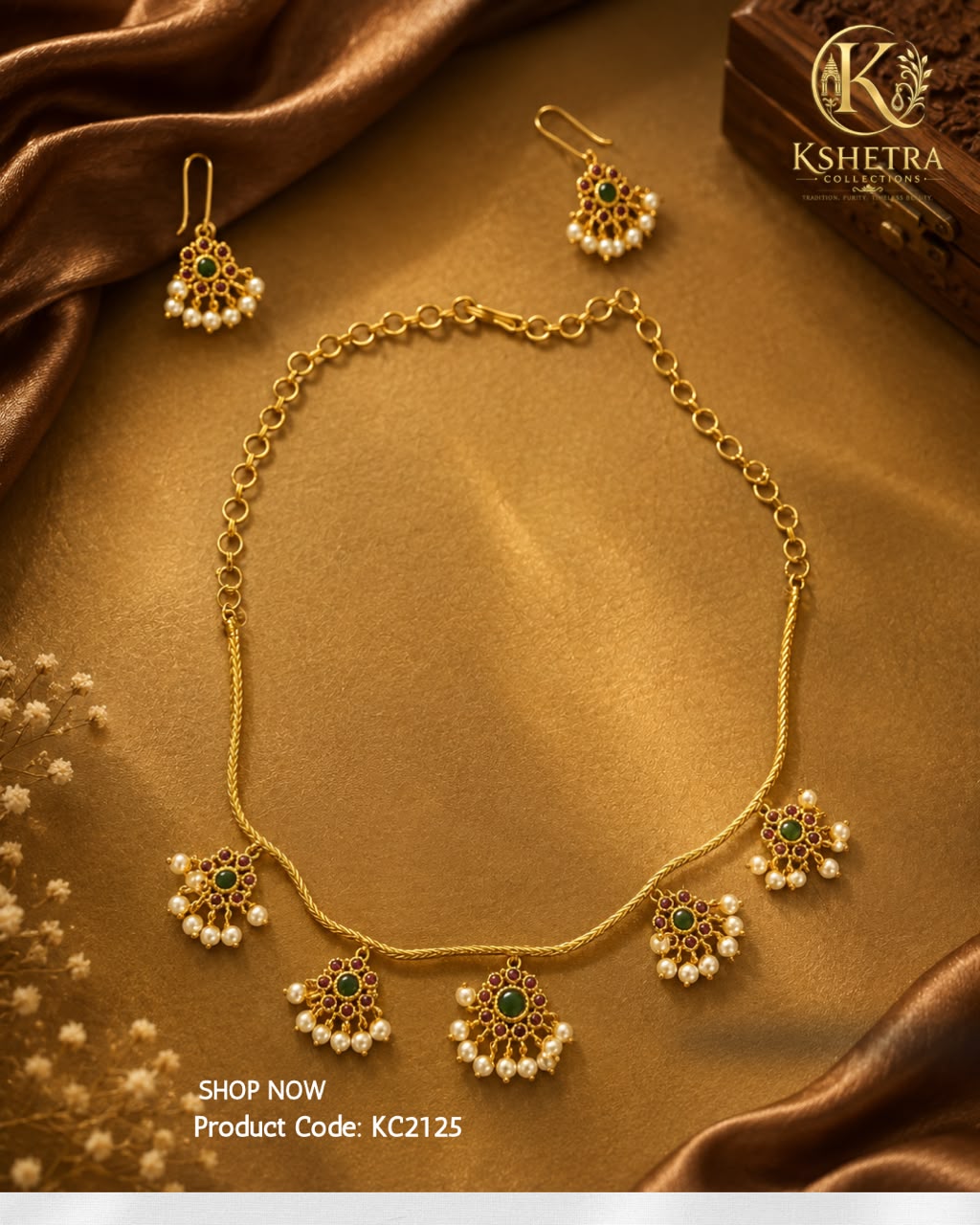 Emerald Pearl Charm Necklace Set/ KC2125