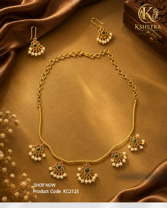 Emerald Pearl Charm Necklace Set/ KC2125
