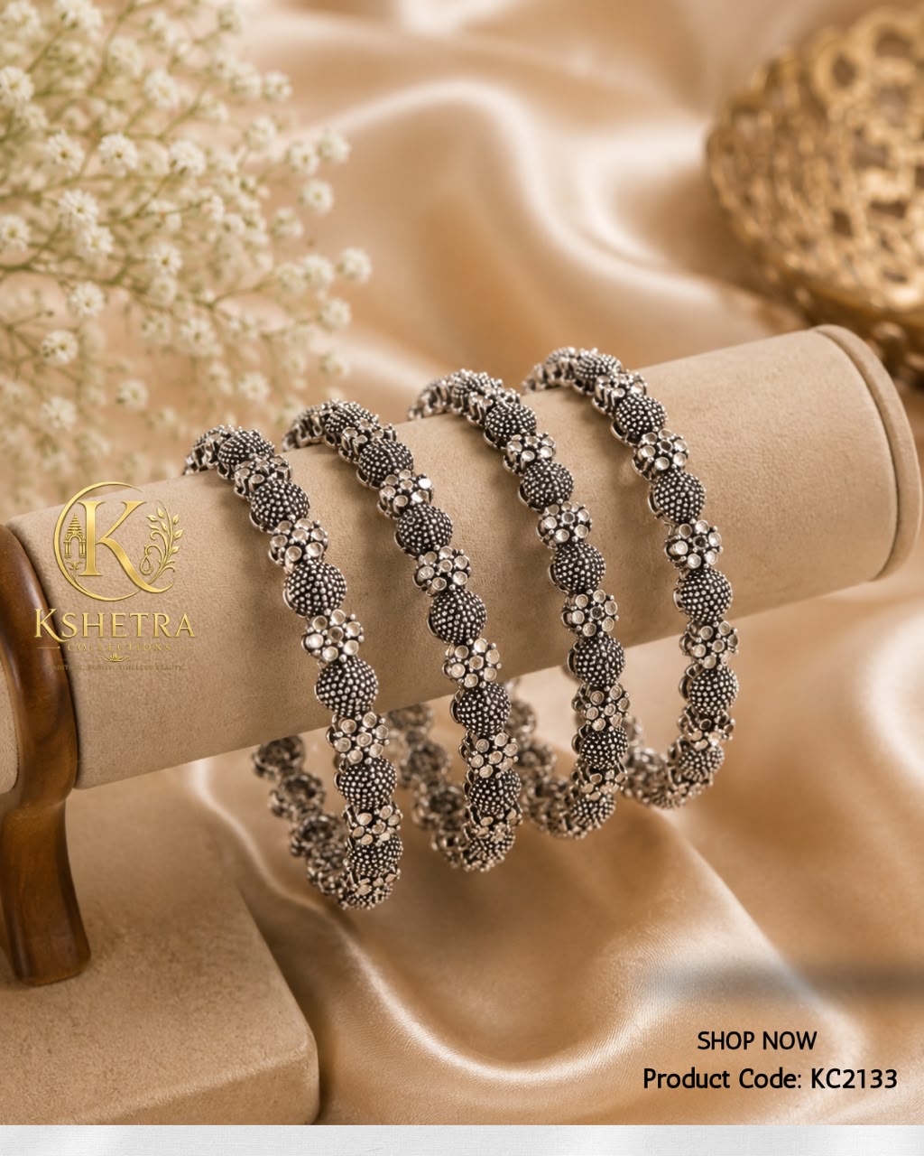 Antique Silver Floral Beaded Bangles/ KC2133 (TWO PIECE)
