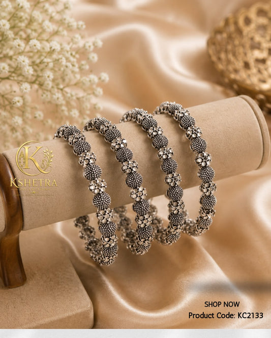 Antique Silver Floral Beaded Bangles/ KC2133 (TWO PIECE)