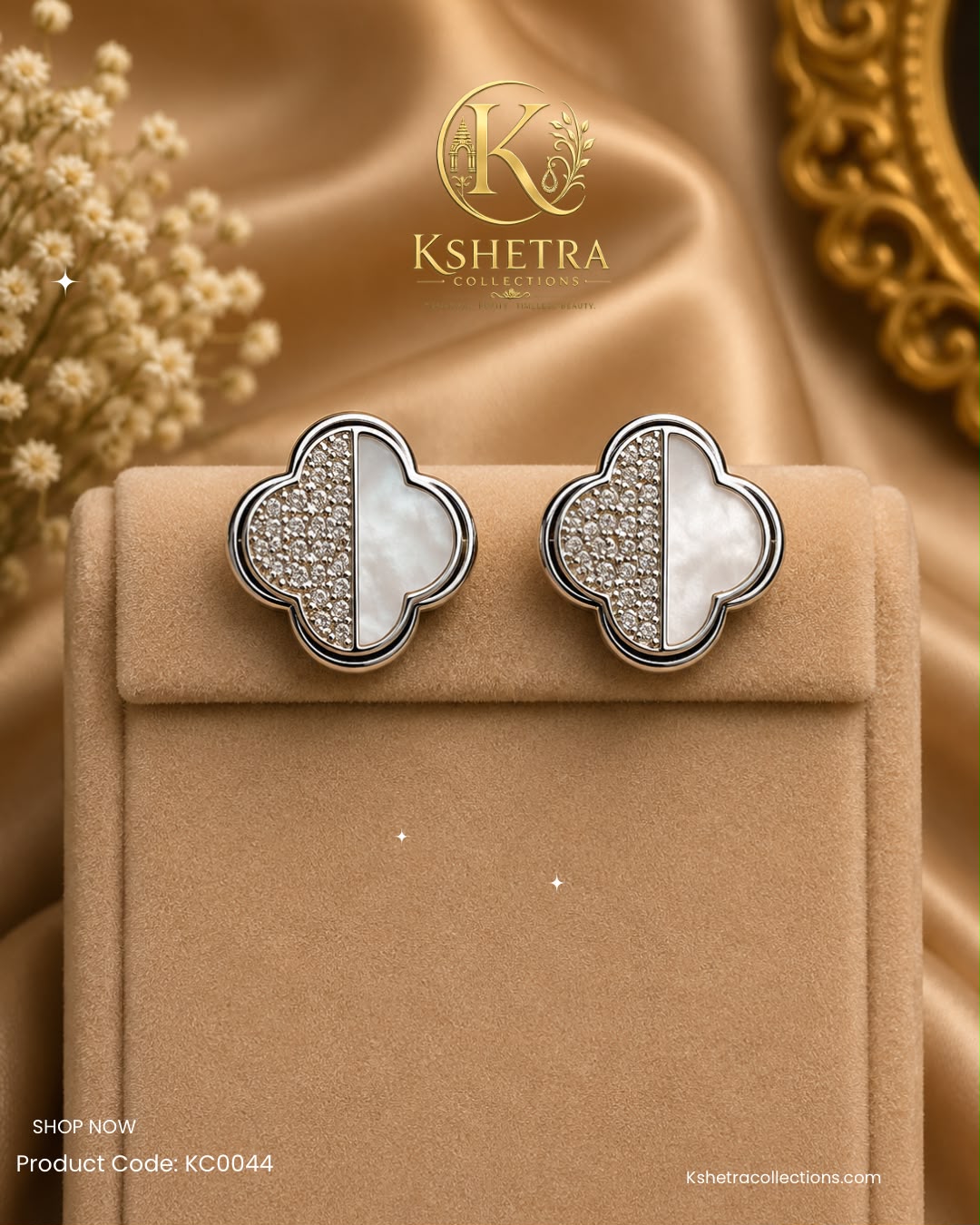 Elegant Clover Pearl Crystal Earrings/ KC0040