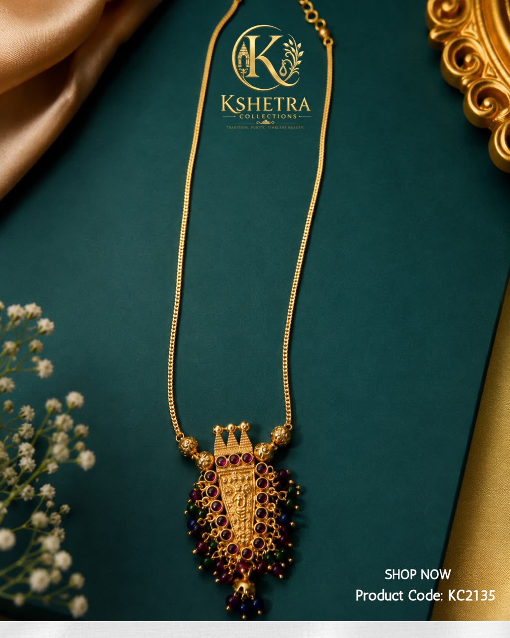 Antique Lakshmi Ruby Emerald Temple Necklace/ KC2135