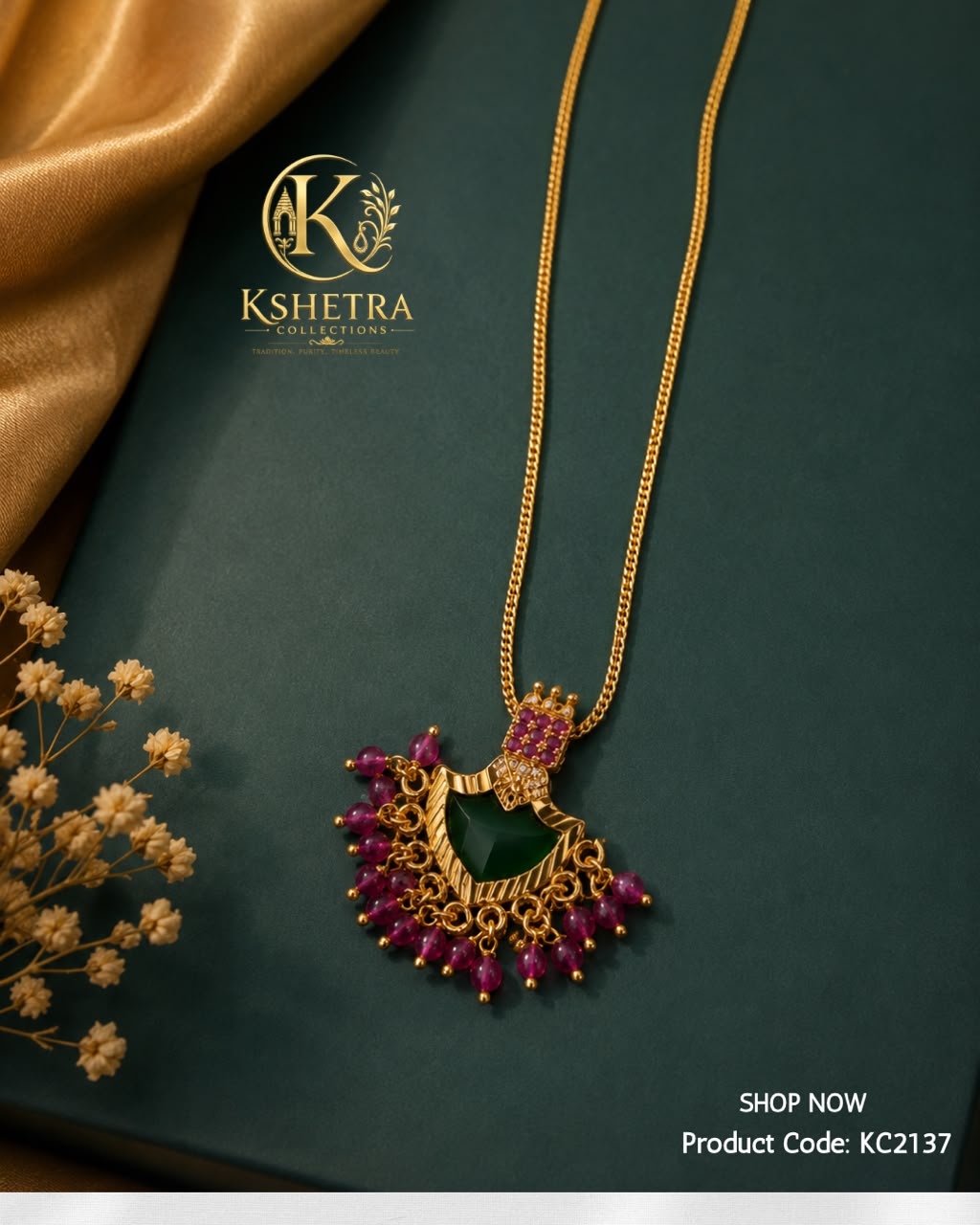 Royal Emerald Ruby Peacock Pendant Necklace/ KC2137
