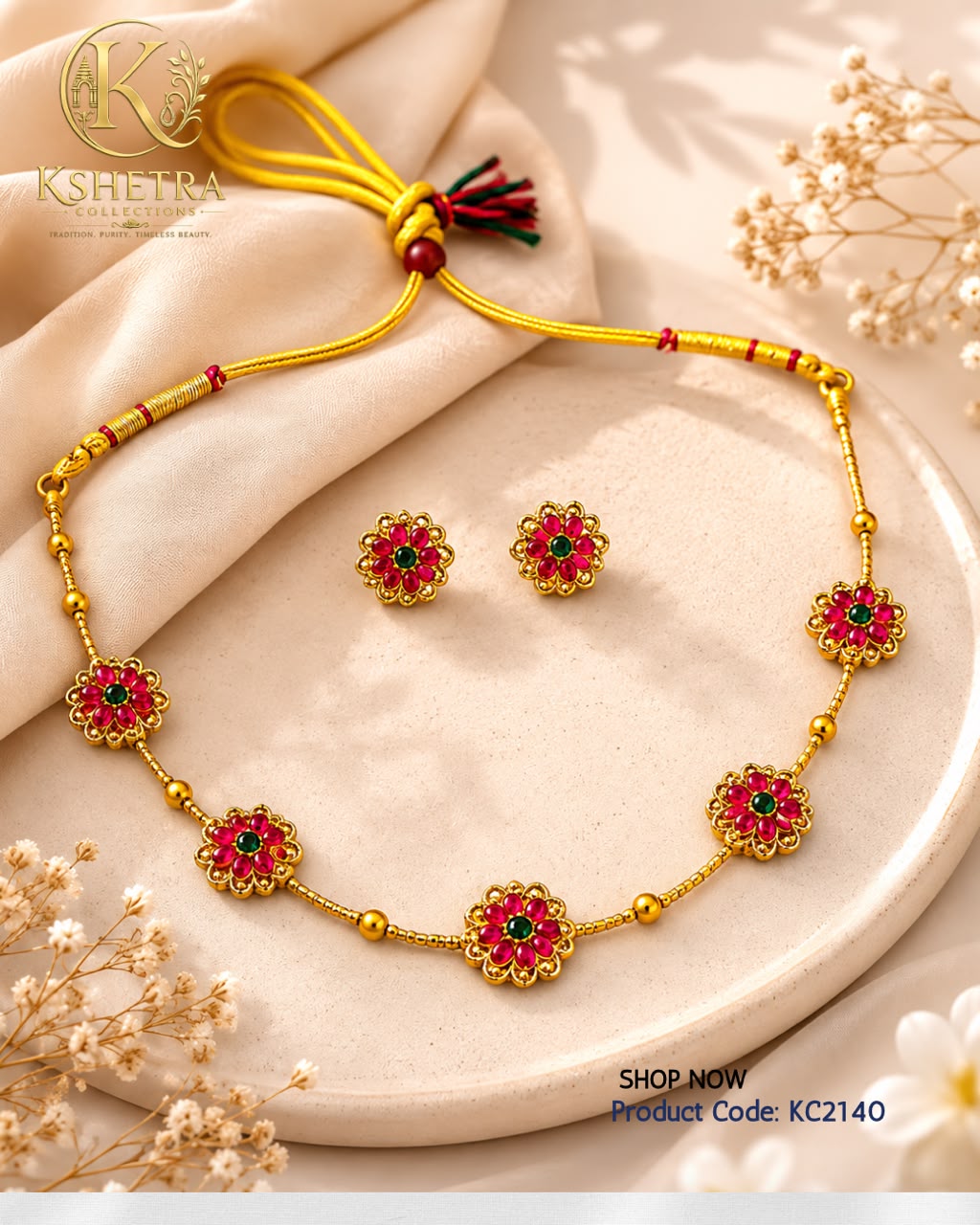 Ruby Emerald Floral Necklace Set/ KC2140