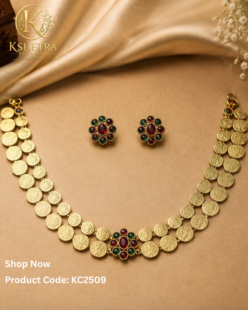 Ruby Emerald Coin Necklace Set/ KC2509