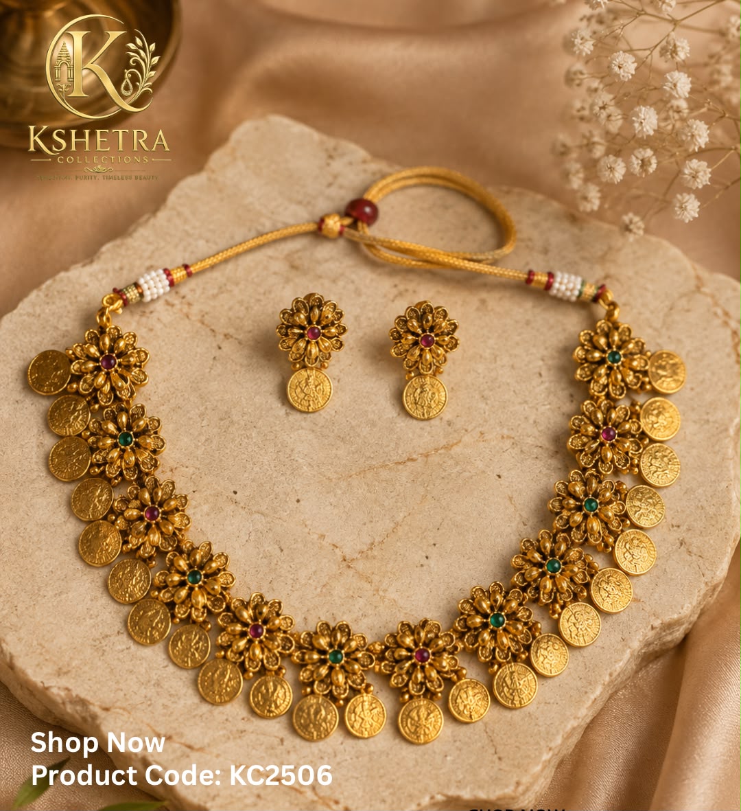 Ruby Emerald Floral Coin Necklace Set/ KC2506